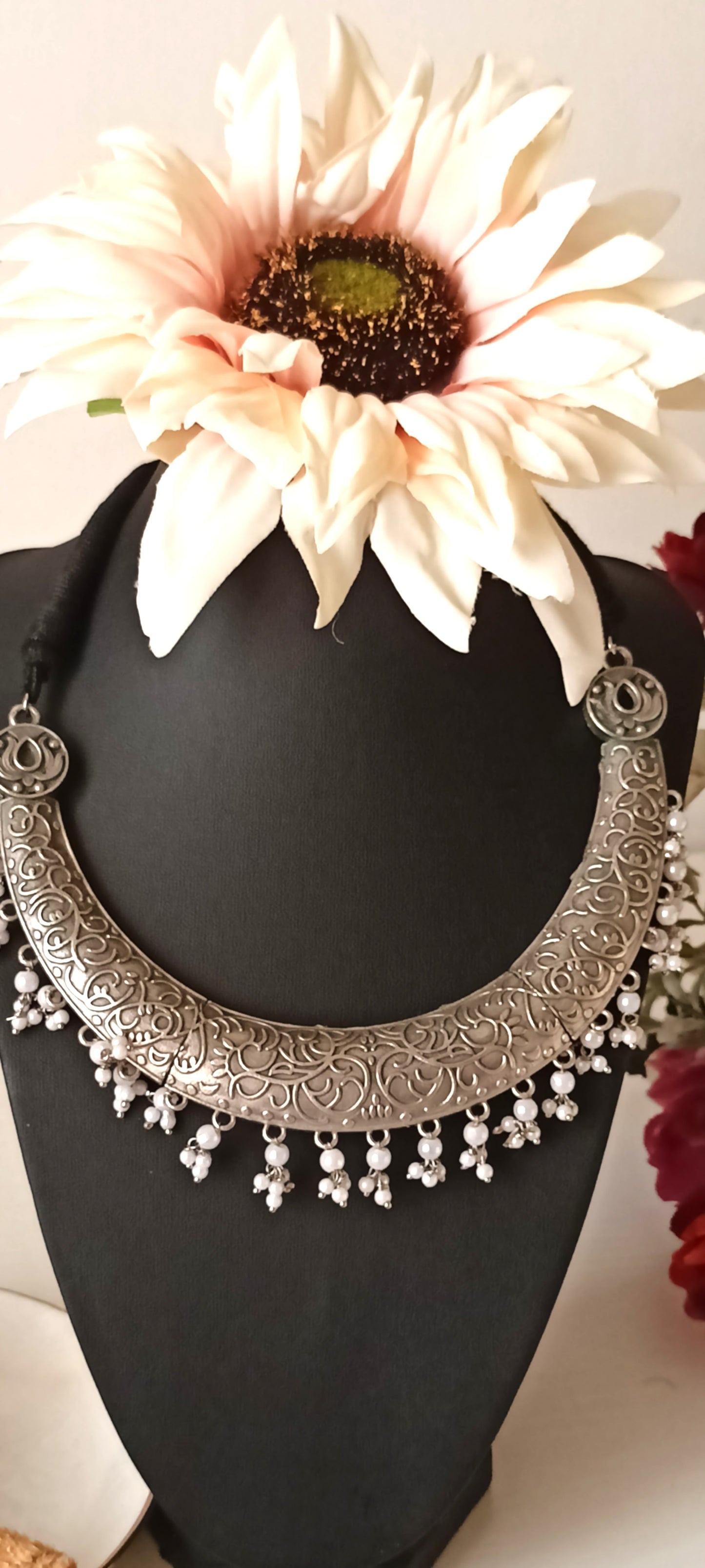 Oxidised Silver Floral Crescent Necklace Set with White Beads