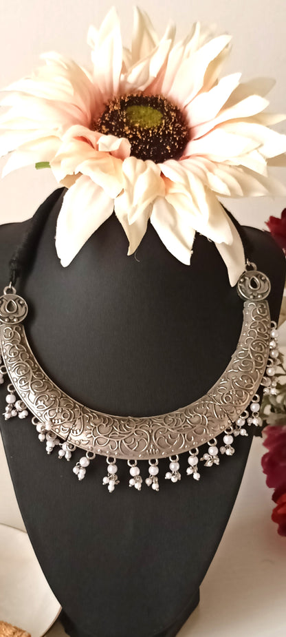 Oxidised Silver Floral Crescent Necklace Set with White Beads