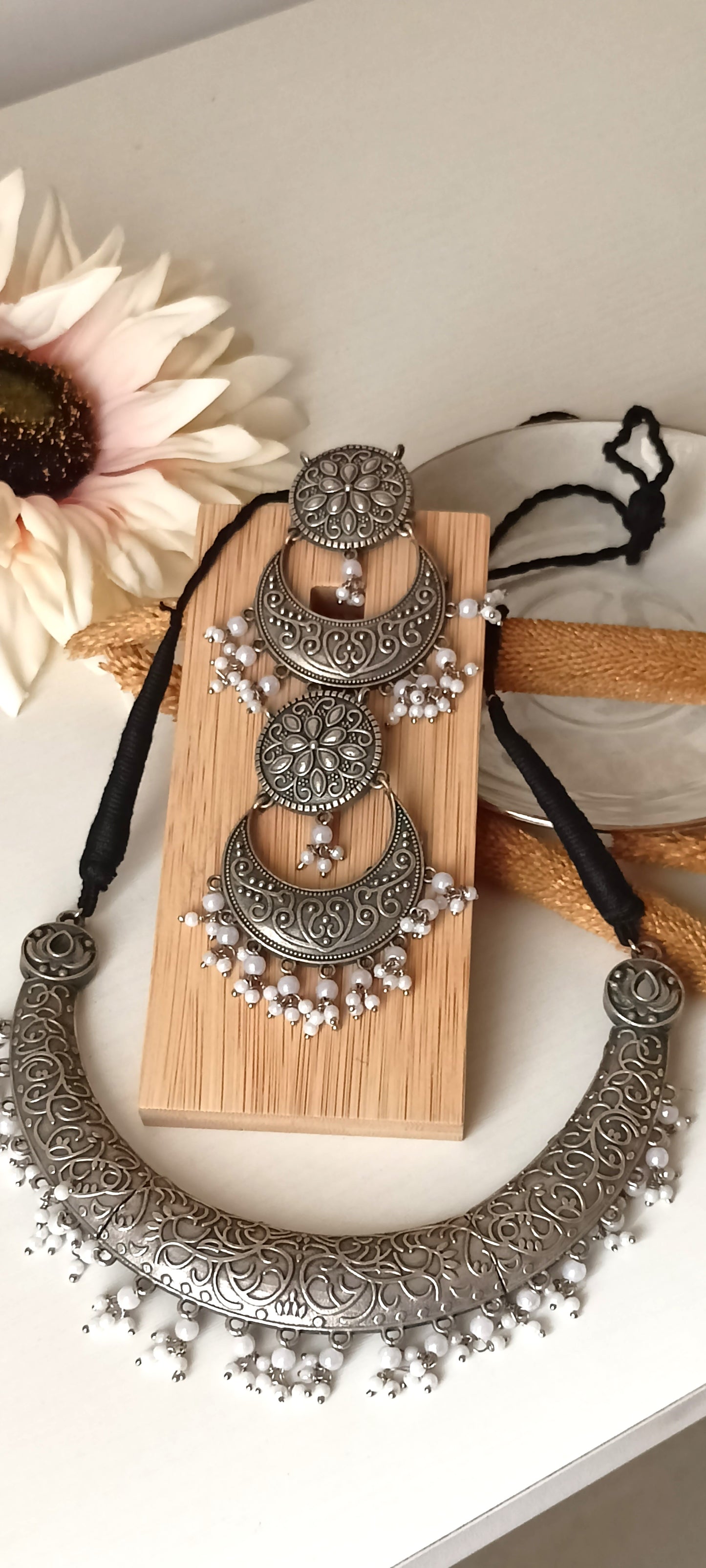 Oxidised Silver Floral Crescent Necklace Set with White Beads