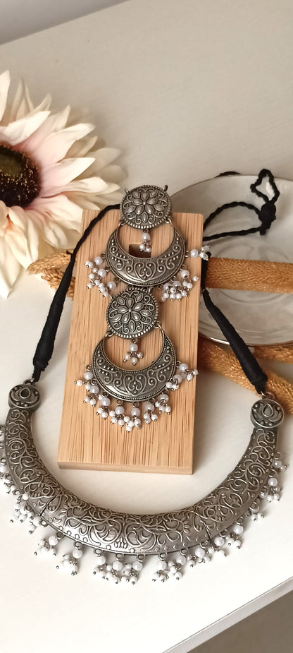 Oxidised Silver Floral Crescent Necklace Set with White Beads