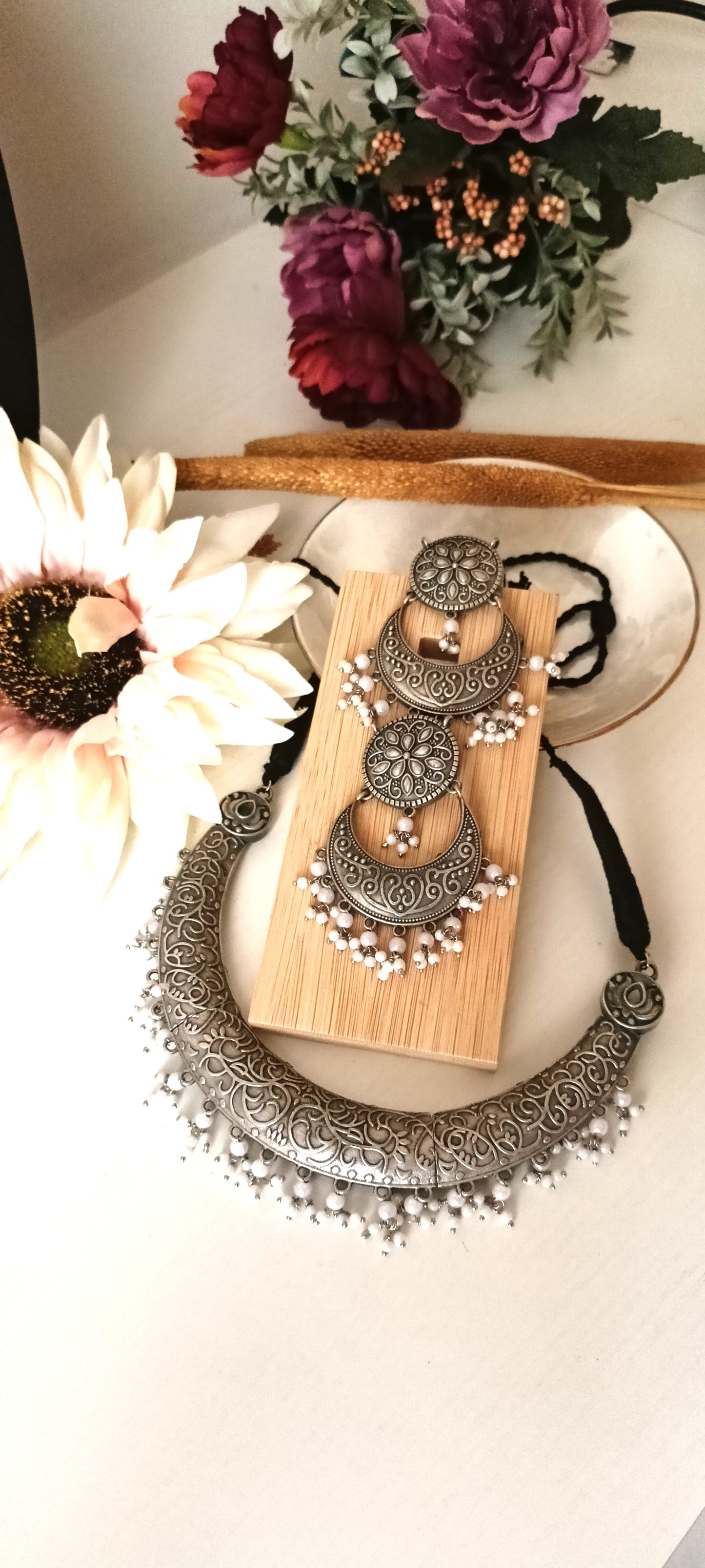 Oxidised Silver Floral Crescent Necklace Set with White Beads