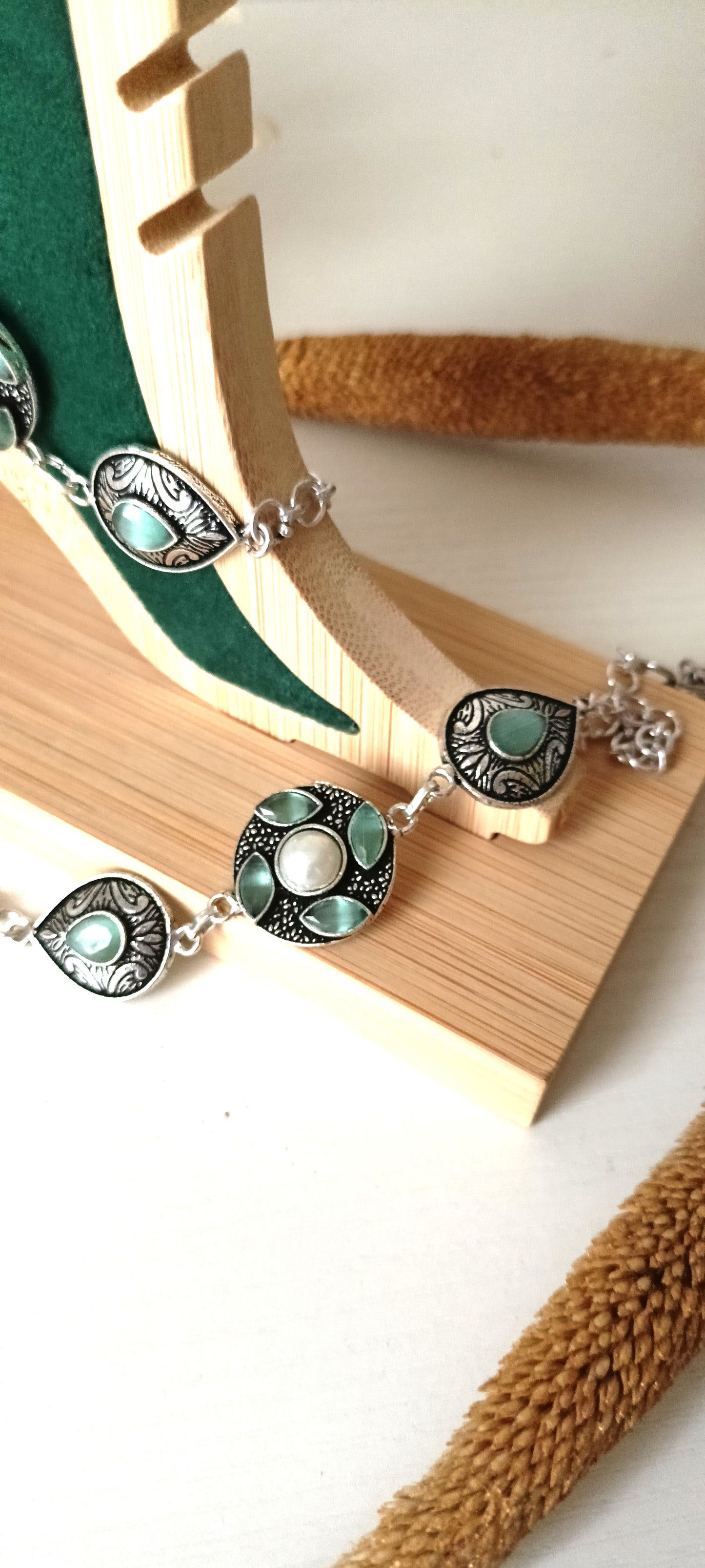 Antique Silver Boho Anklet with Gemstone Drops & Pearl Accents