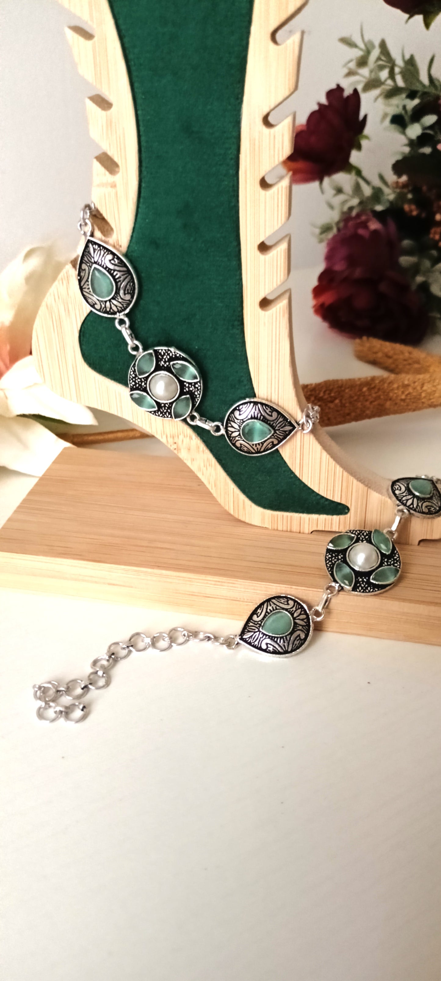 Antique Silver Boho Anklet with Gemstone Drops & Pearl Accents