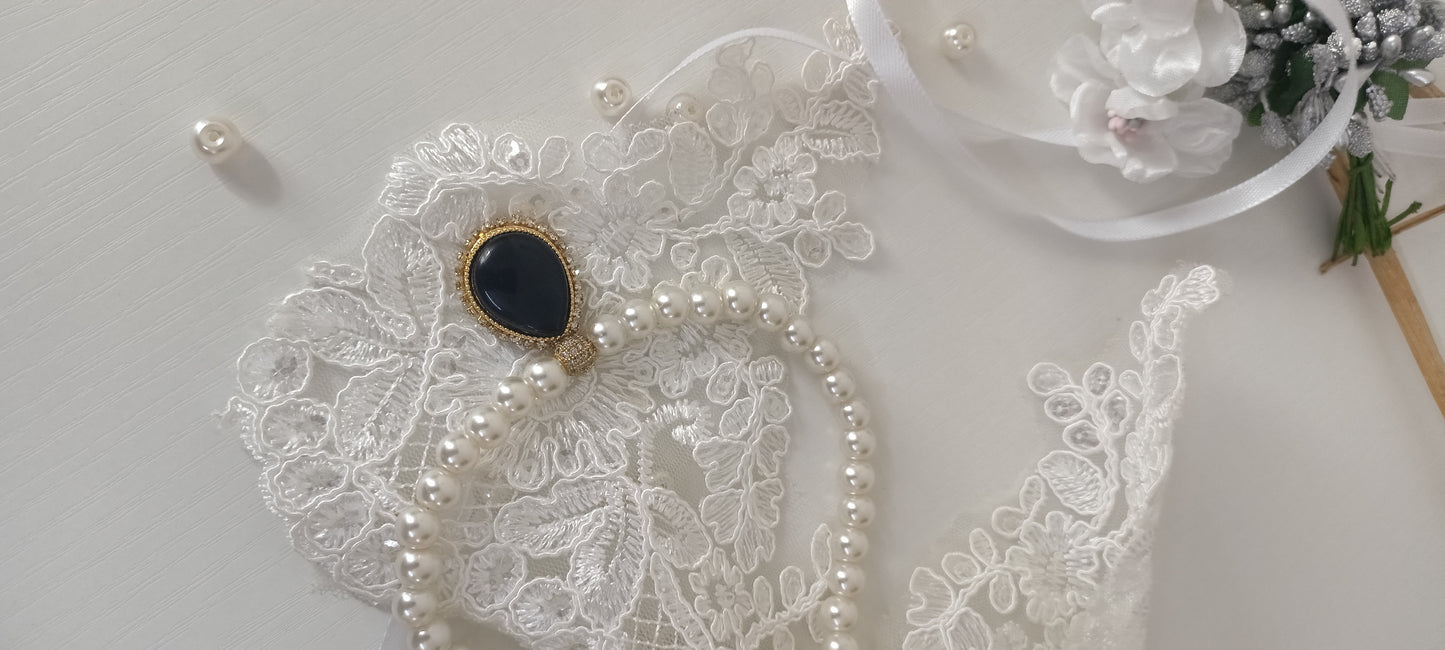 Elegant Pearl Necklace with Dark Blue Teardrop Pendant – Personally Handcrafted