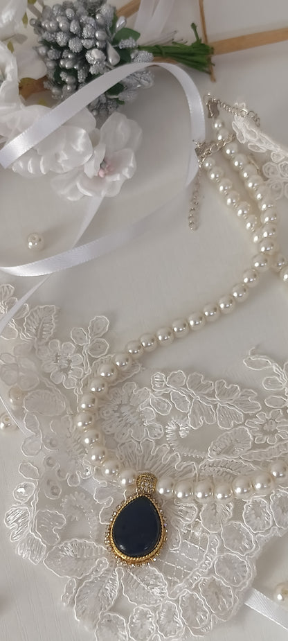 Elegant Pearl Necklace with Dark Blue Teardrop Pendant – Personally Handcrafted