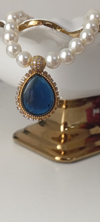 Elegant Pearl Necklace with Dark Blue Teardrop Pendant – Personally Handcrafted