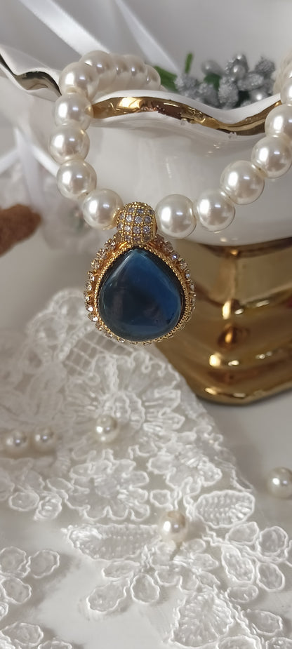Elegant Pearl Necklace with Dark Blue Teardrop Pendant – Personally Handcrafted