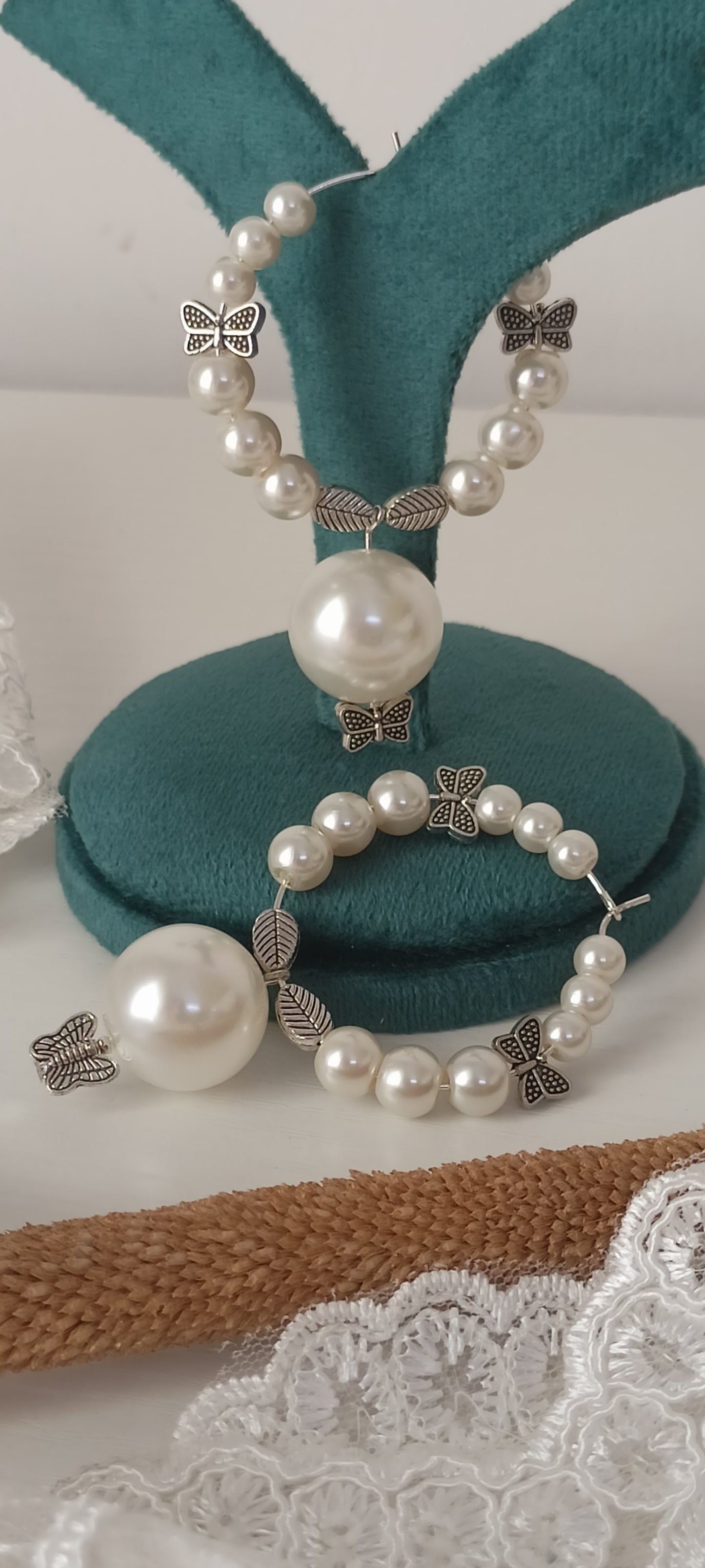 Butterfly & Leaf Charm Pearl Hoop Earrings – Personally Handcrafted