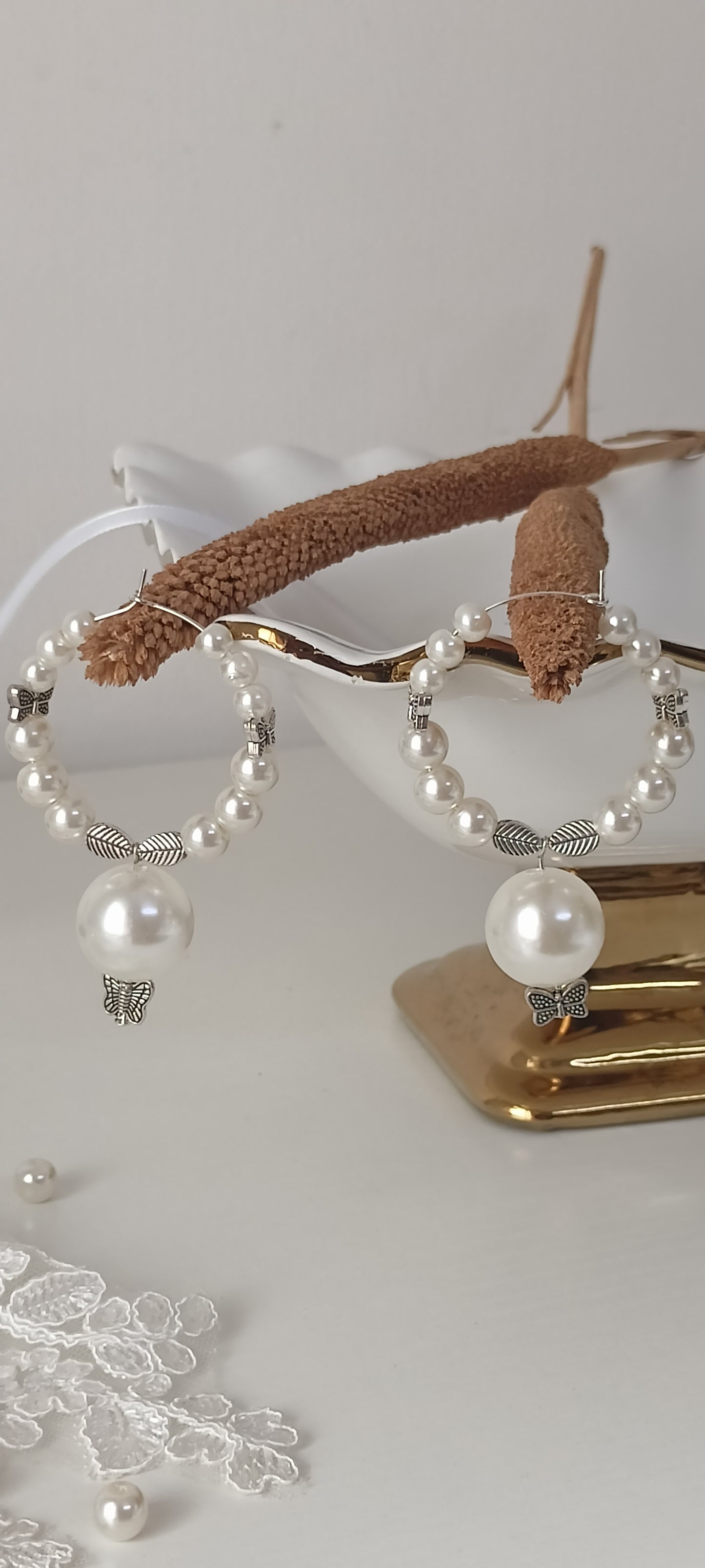 Butterfly & Leaf Charm Pearl Hoop Earrings – Personally Handcrafted