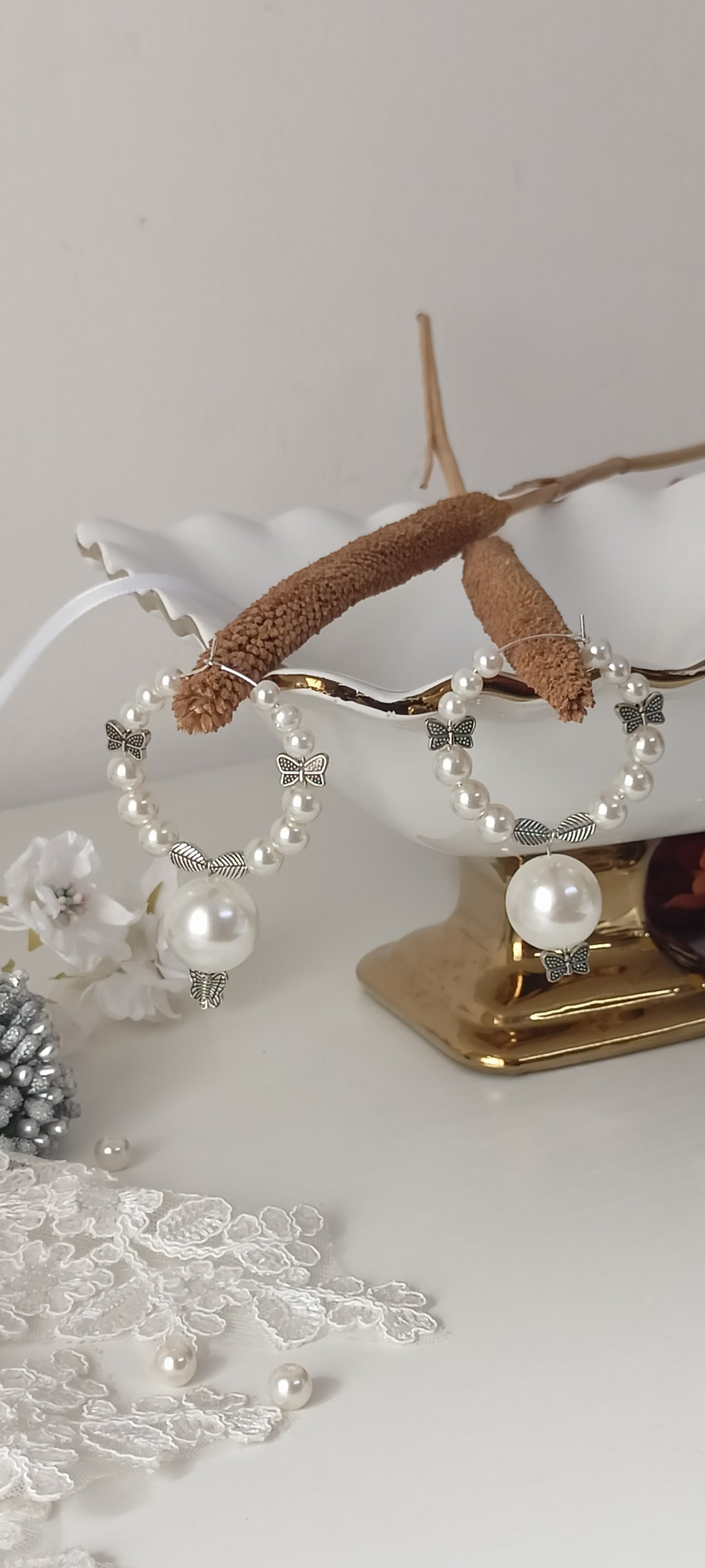 Butterfly & Leaf Charm Pearl Hoop Earrings – Personally Handcrafted