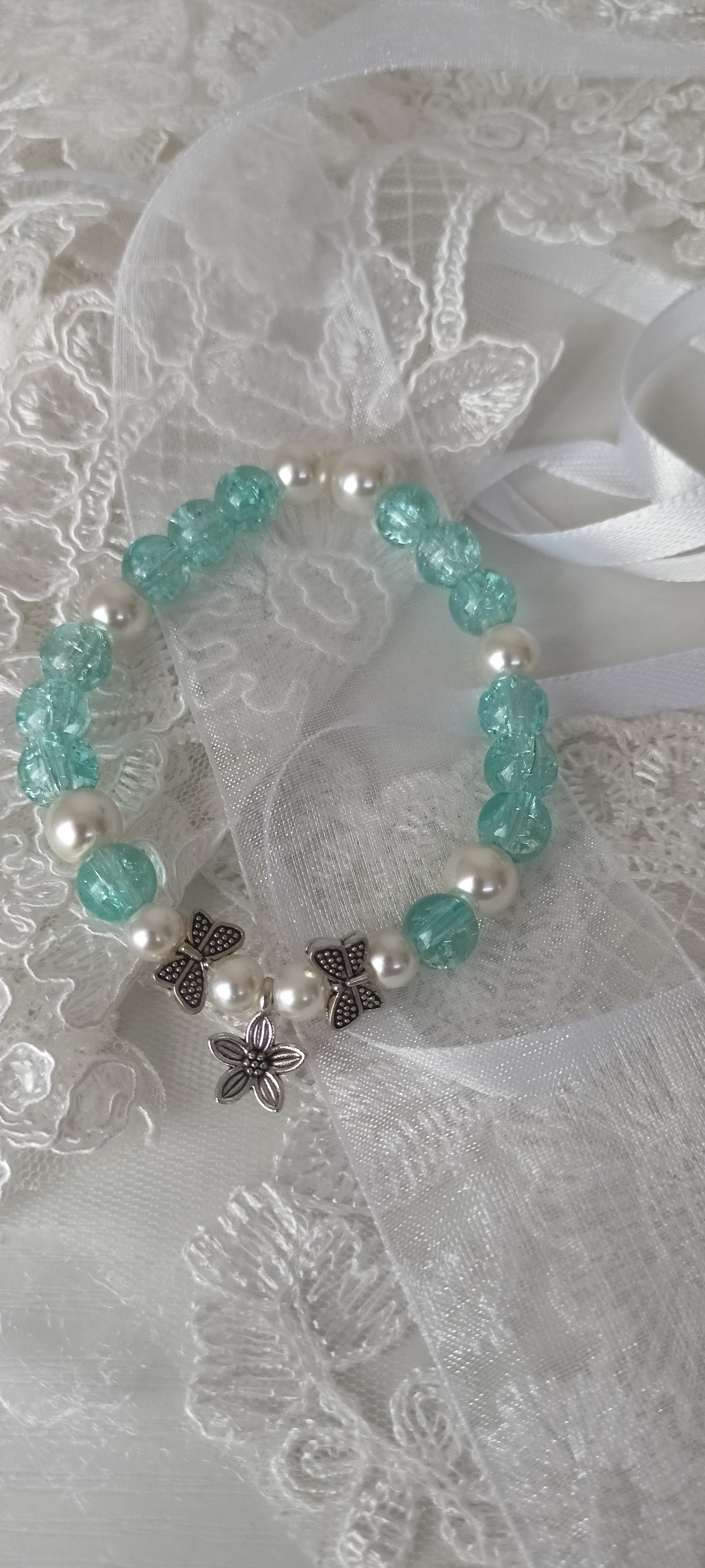Aqua Cracked Glass & Pearl Butterfly Charm Bracelet - Personally Handcrafted