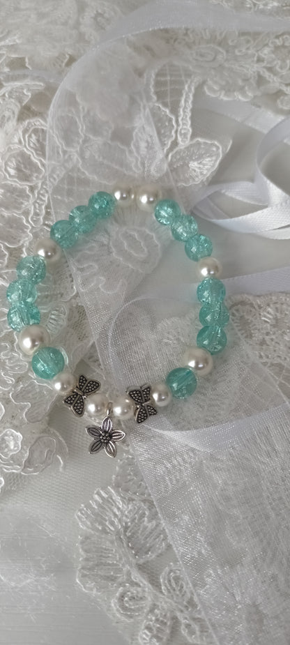 Aqua Cracked Glass & Pearl Butterfly Charm Bracelet - Personally Handcrafted
