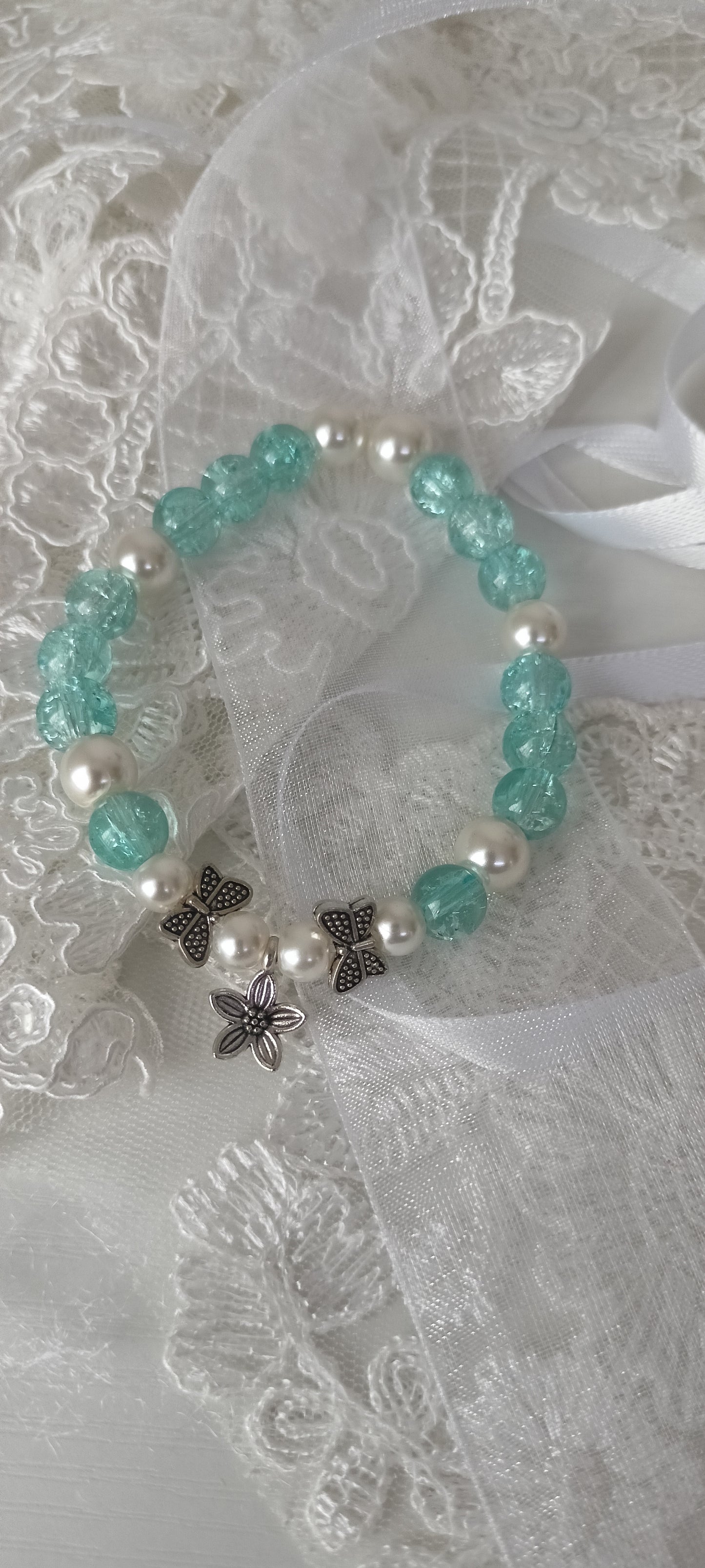 Aqua Cracked Glass & Pearl Butterfly Charm Bracelet - Personally Handcrafted