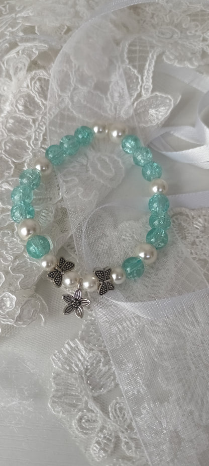 Aqua Cracked Glass & Pearl Butterfly Charm Bracelet - Personally Handcrafted