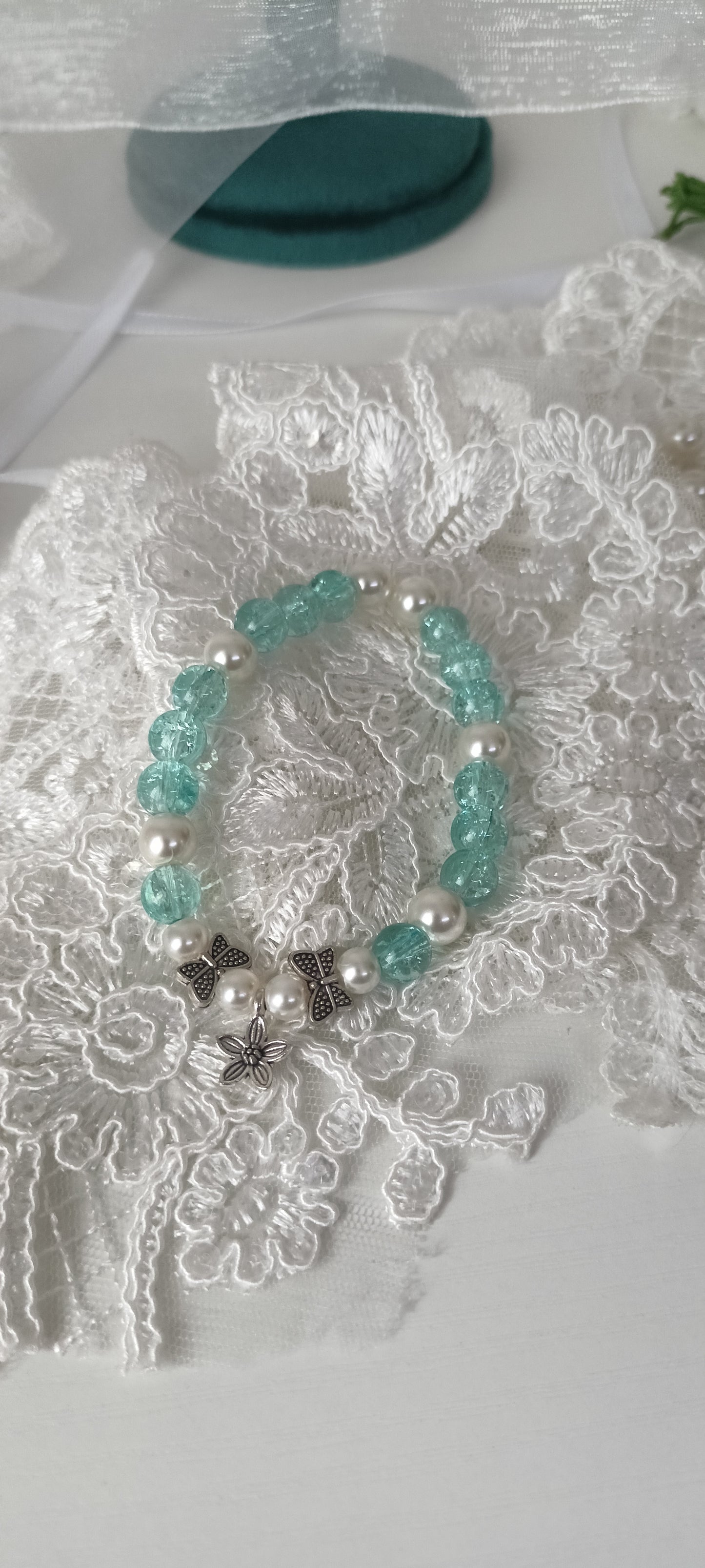 Aqua Cracked Glass & Pearl Butterfly Charm Bracelet - Personally Handcrafted