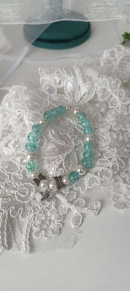 Aqua Cracked Glass & Pearl Butterfly Charm Bracelet - Personally Handcrafted
