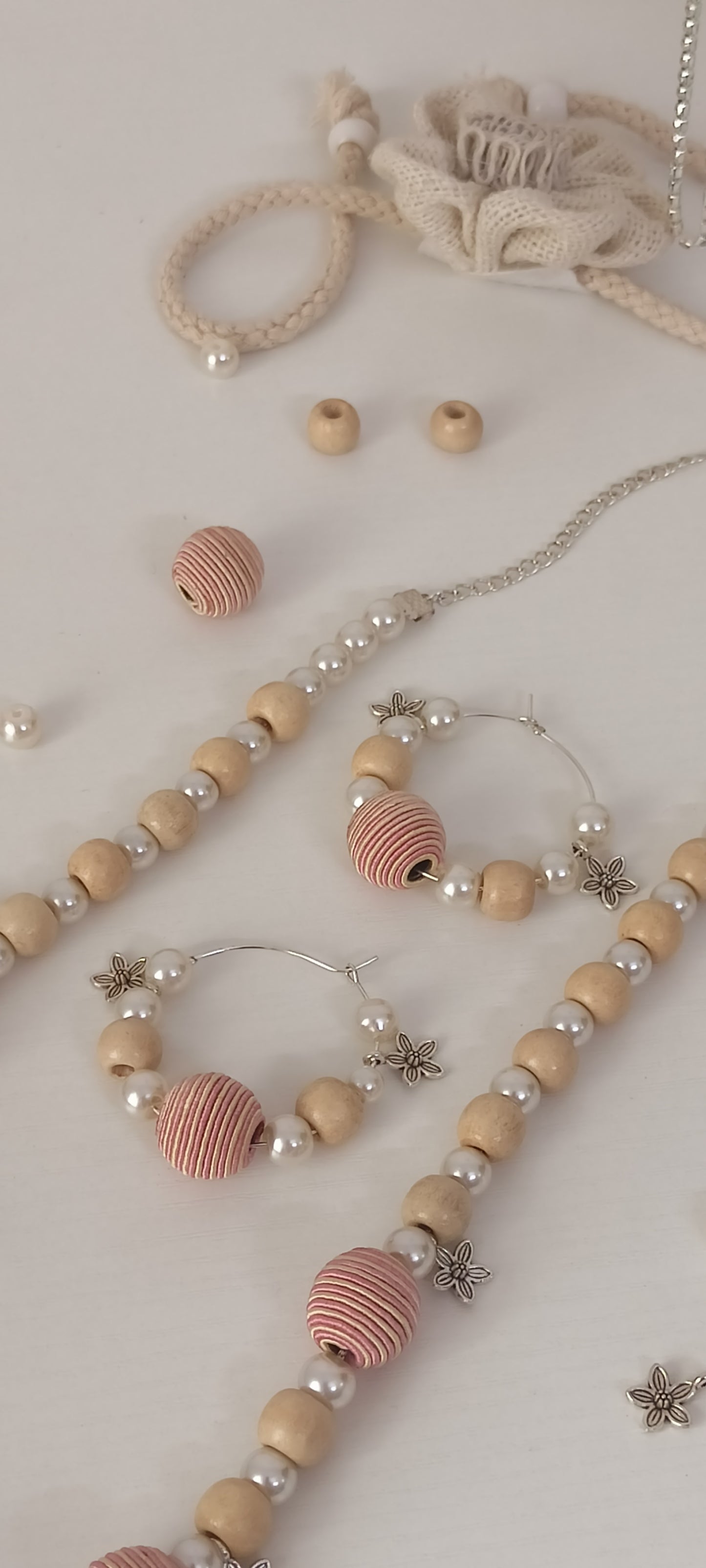 Handcrafted Pastel Pink & Beige Wood & Thread Beads Jewellery Set - Personally Handcrafted