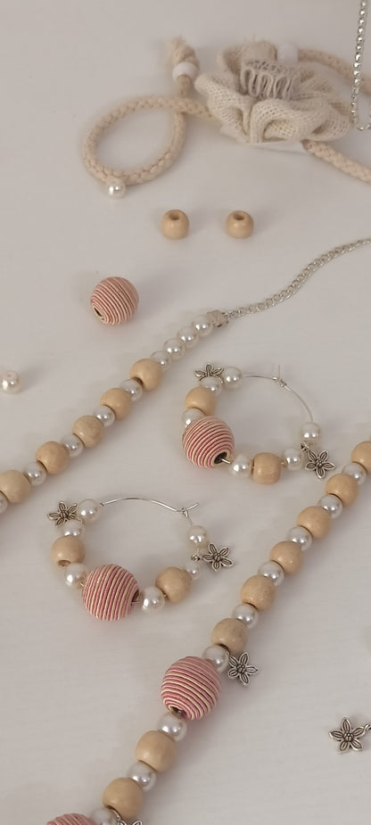 Handcrafted Pastel Pink & Beige Wood & Thread Beads Jewellery Set - Personally Handcrafted
