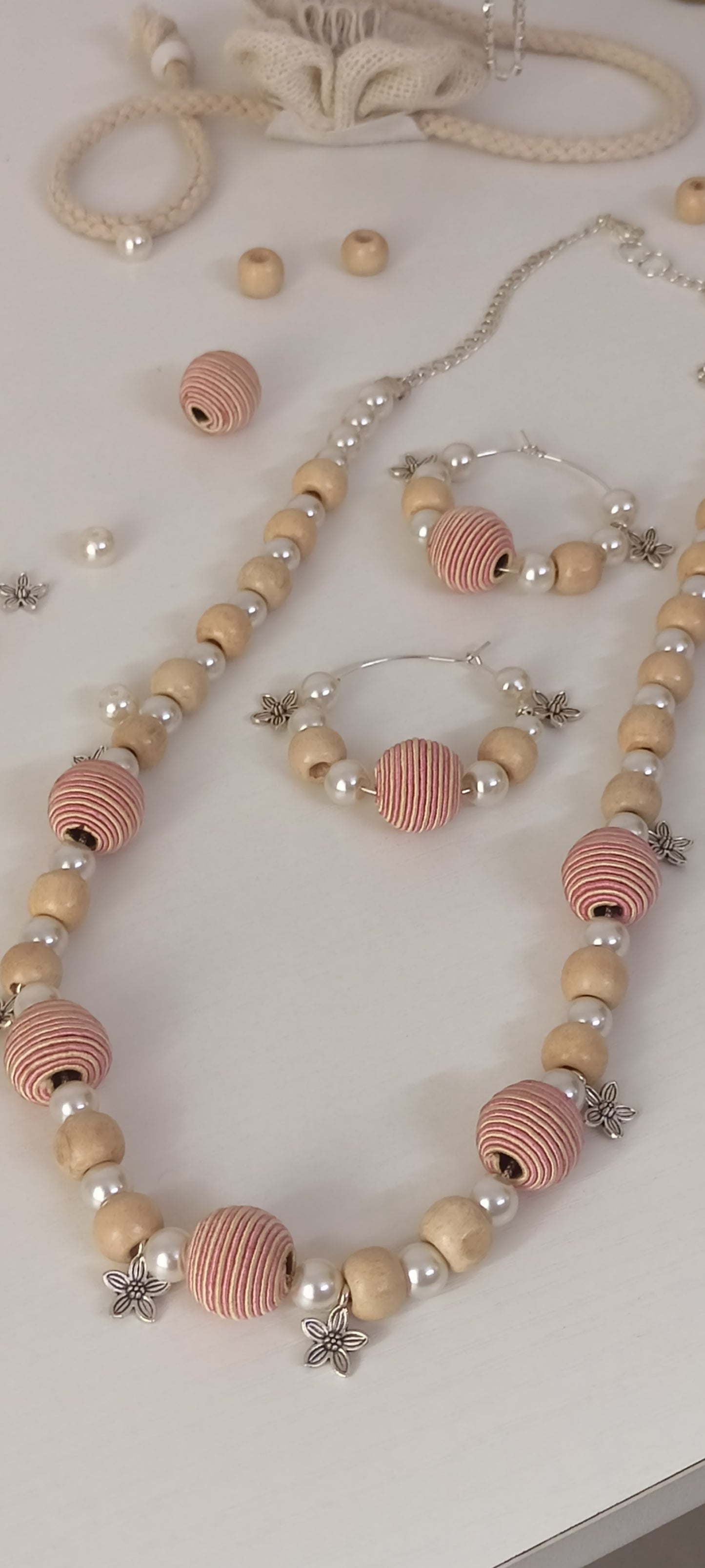 Handcrafted Pastel Pink & Beige Wood & Thread Beads Jewellery Set - Personally Handcrafted