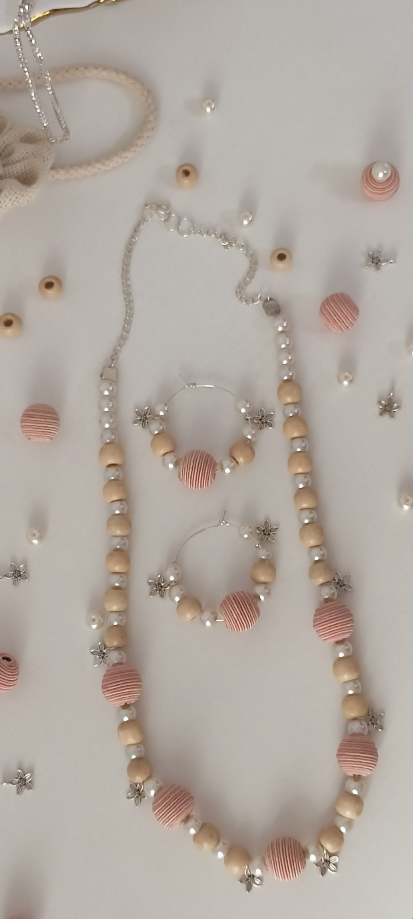 Handcrafted Pastel Pink & Beige Wood & Thread Beads Jewellery Set - Personally Handcrafted