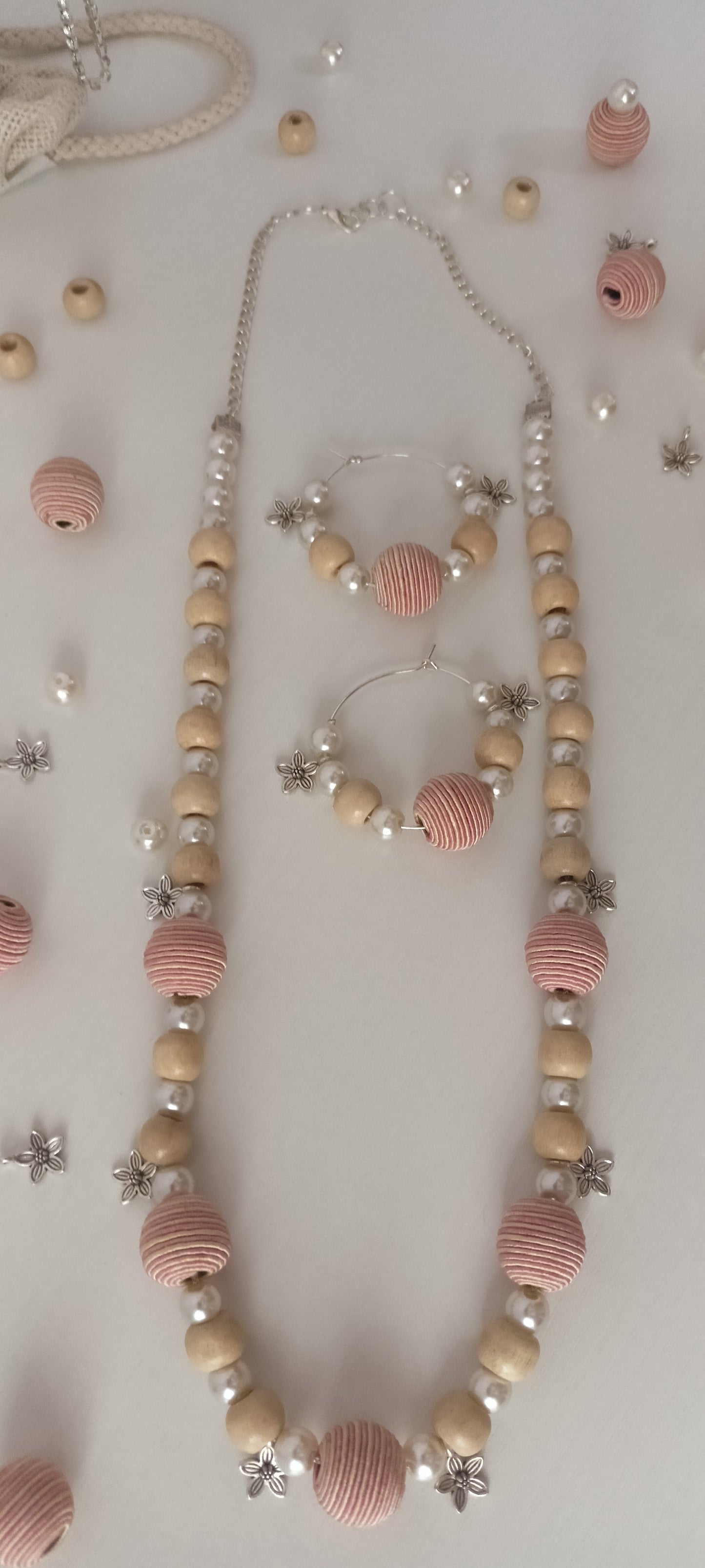 Handcrafted Pastel Pink & Beige Wood & Thread Beads Jewellery Set - Personally Handcrafted