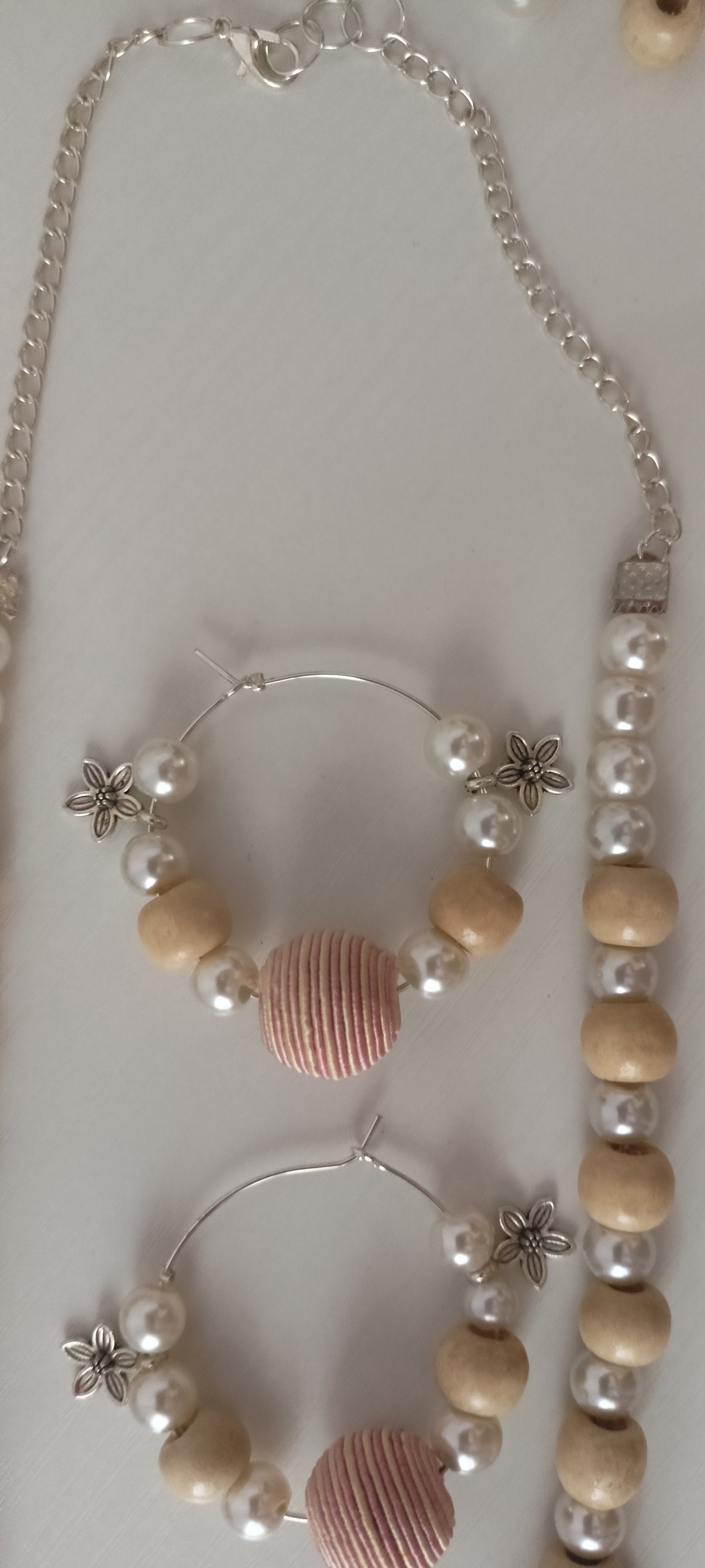 Handcrafted Pastel Pink & Beige Wood & Thread Beads Jewellery Set - Personally Handcrafted