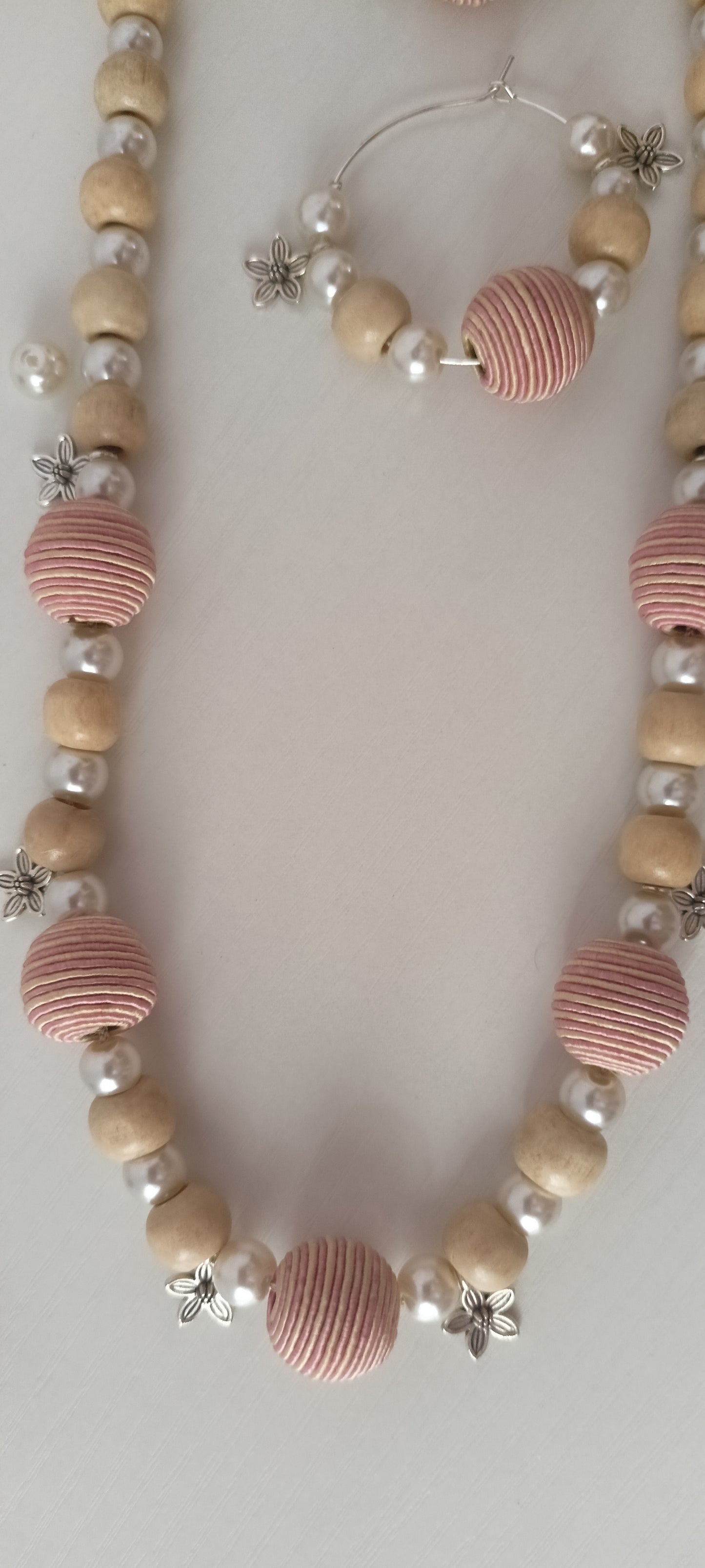 Handcrafted Pastel Pink & Beige Wood & Thread Beads Jewellery Set - Personally Handcrafted