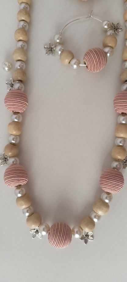 Handcrafted Pastel Pink & Beige Wood & Thread Beads Jewellery Set - Personally Handcrafted