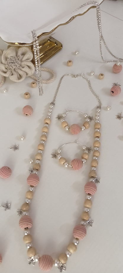 Handcrafted Pastel Pink & Beige Wood & Thread Beads Jewellery Set - Personally Handcrafted