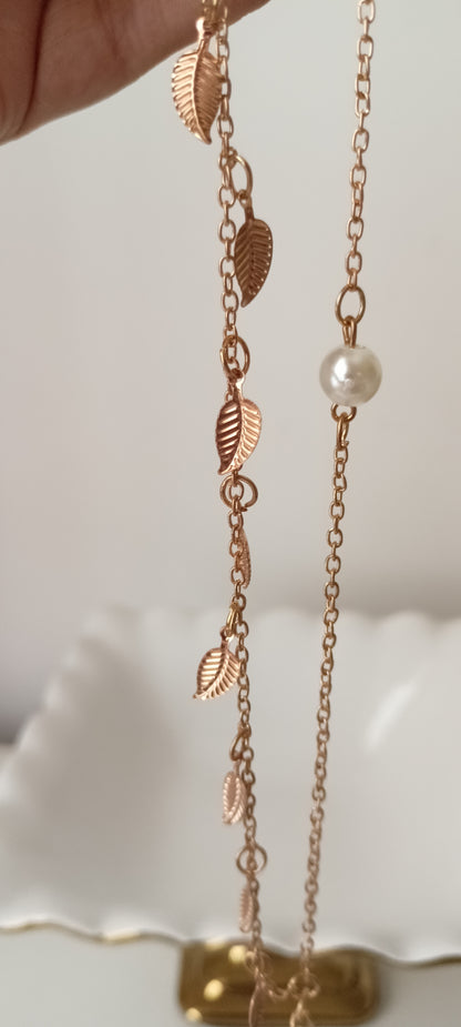 Reddish Gold Leaf Charm Anklet Pair with Pearl Accent – Double Chain Design