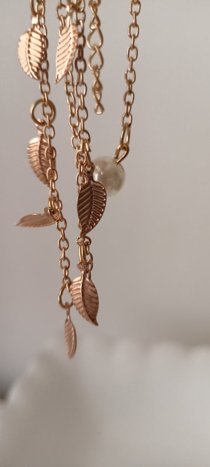 Reddish Gold Leaf Charm Anklet Pair with Pearl Accent – Double Chain Design