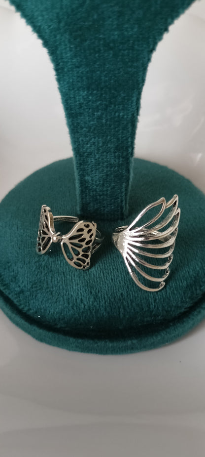 Wings of Grace Ring Set – Butterfly & Angel Wing Adjustable Silver-Tone