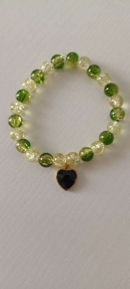 Green & Golden Crackle Bead Heart Charm Bracelet - Personally Handcrafted