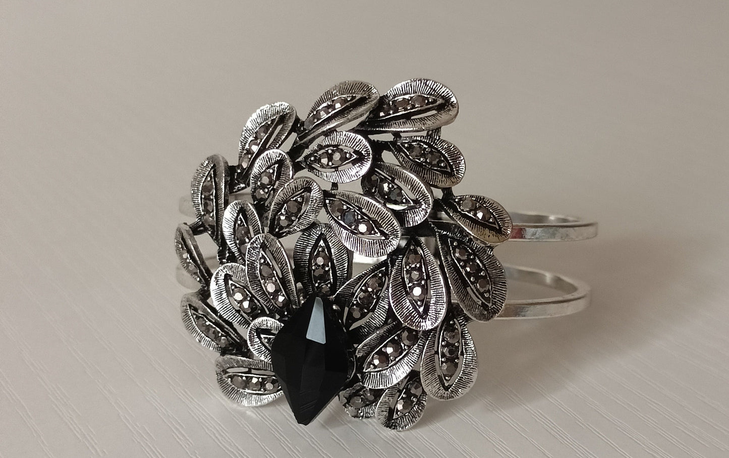 Vintage Black Stone Peacock Feather Oxidized Cuff Bracelet