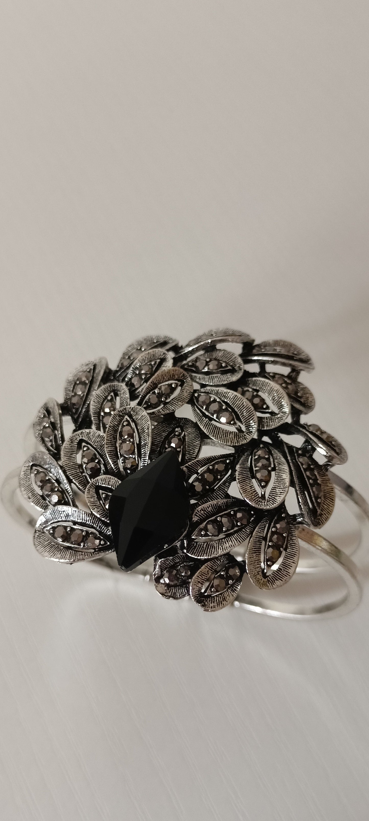 Vintage Black Stone Peacock Feather Oxidized Cuff Bracelet