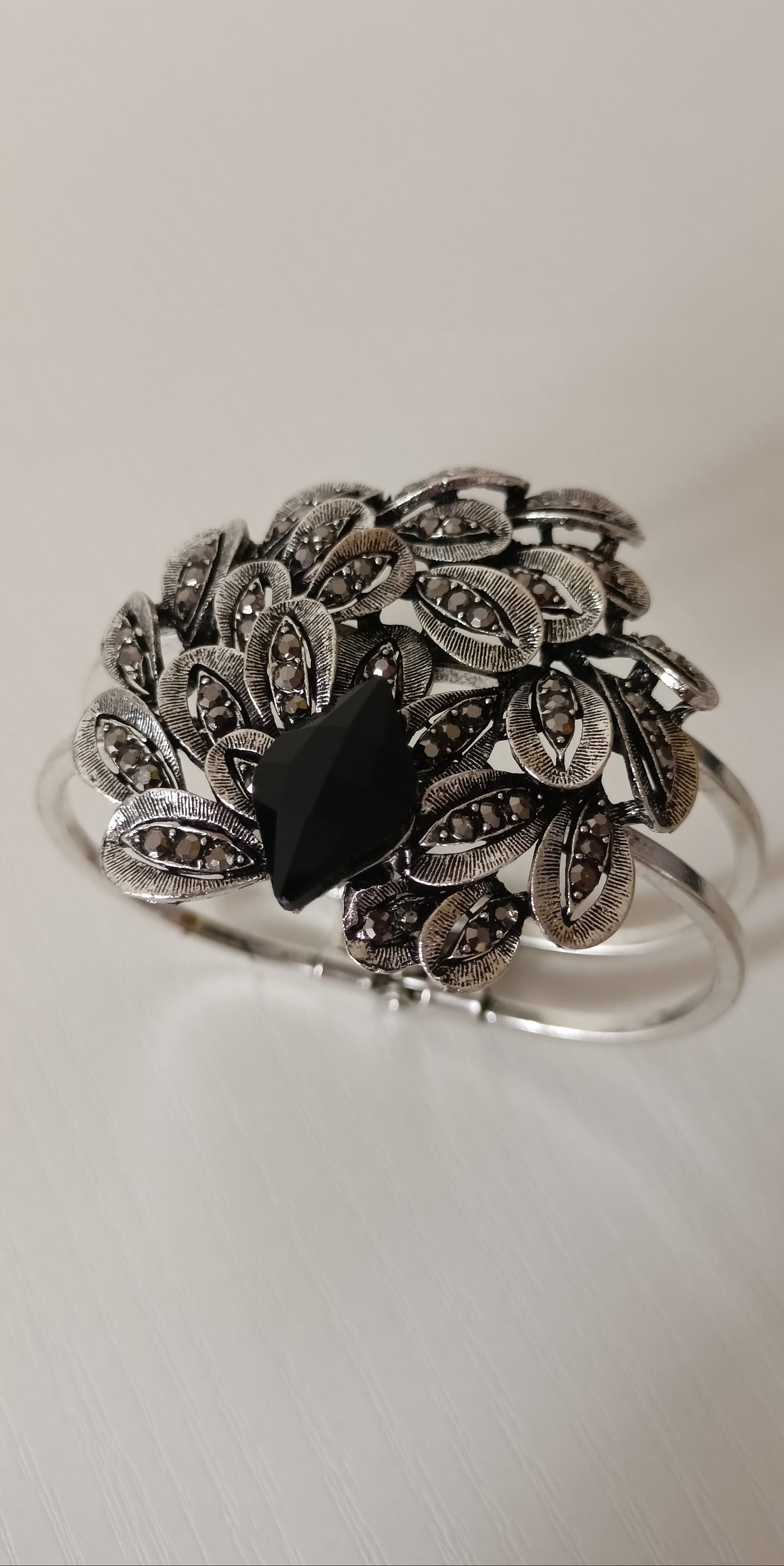 Vintage Black Stone Peacock Feather Oxidized Cuff Bracelet