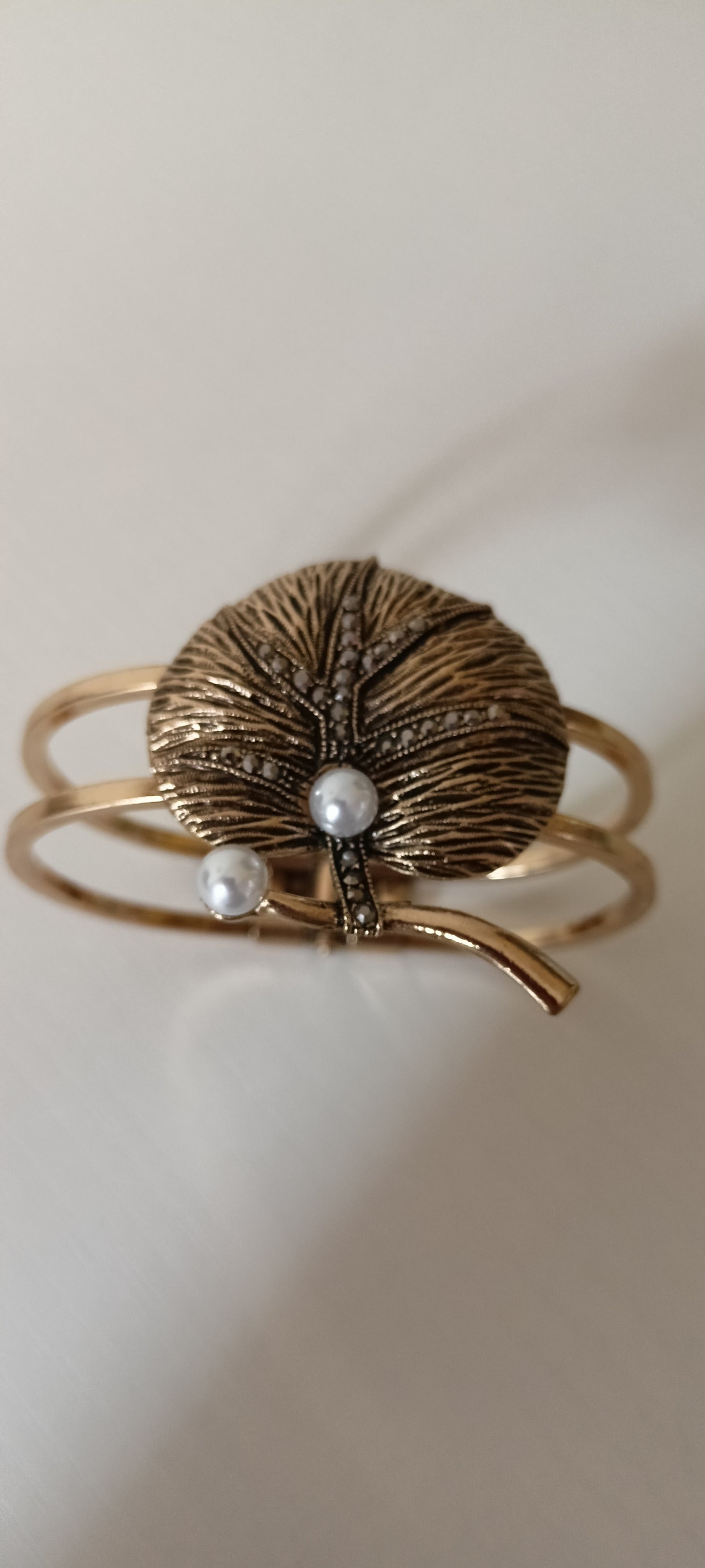 Vintage Gold Leaf with Pears Cuff Bracelet | Vintage Filigree Statement Cuff