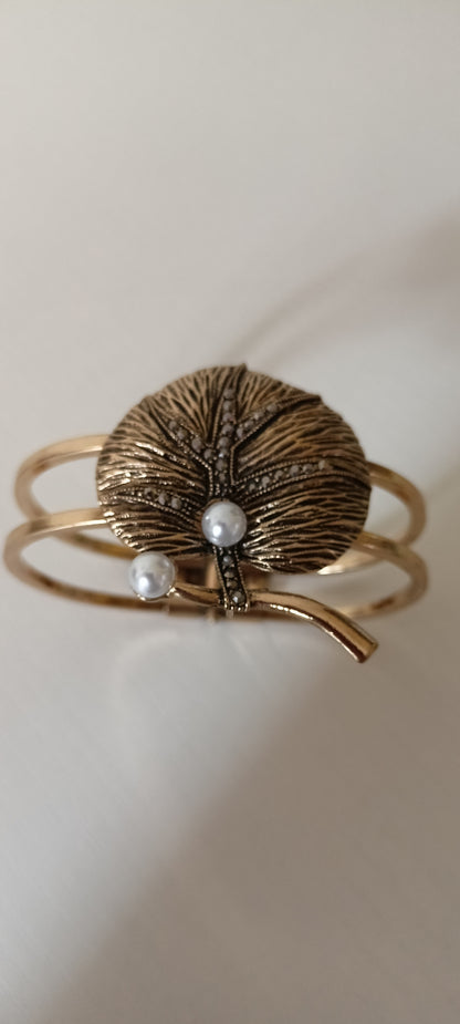 Vintage Gold Leaf with Pears Cuff Bracelet | Vintage Filigree Statement Cuff