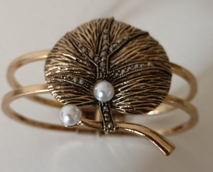 Vintage Gold Leaf with Pears Cuff Bracelet | Vintage Filigree Statement Cuff