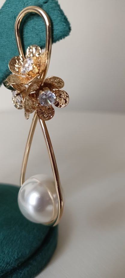 Pearl Drop Flower Cluster Hoop Earrings with Crystal Accent