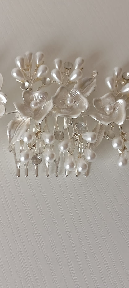Silver Pearl Bridal Hair Comb Set - Floral & Leaf Design with Crystals