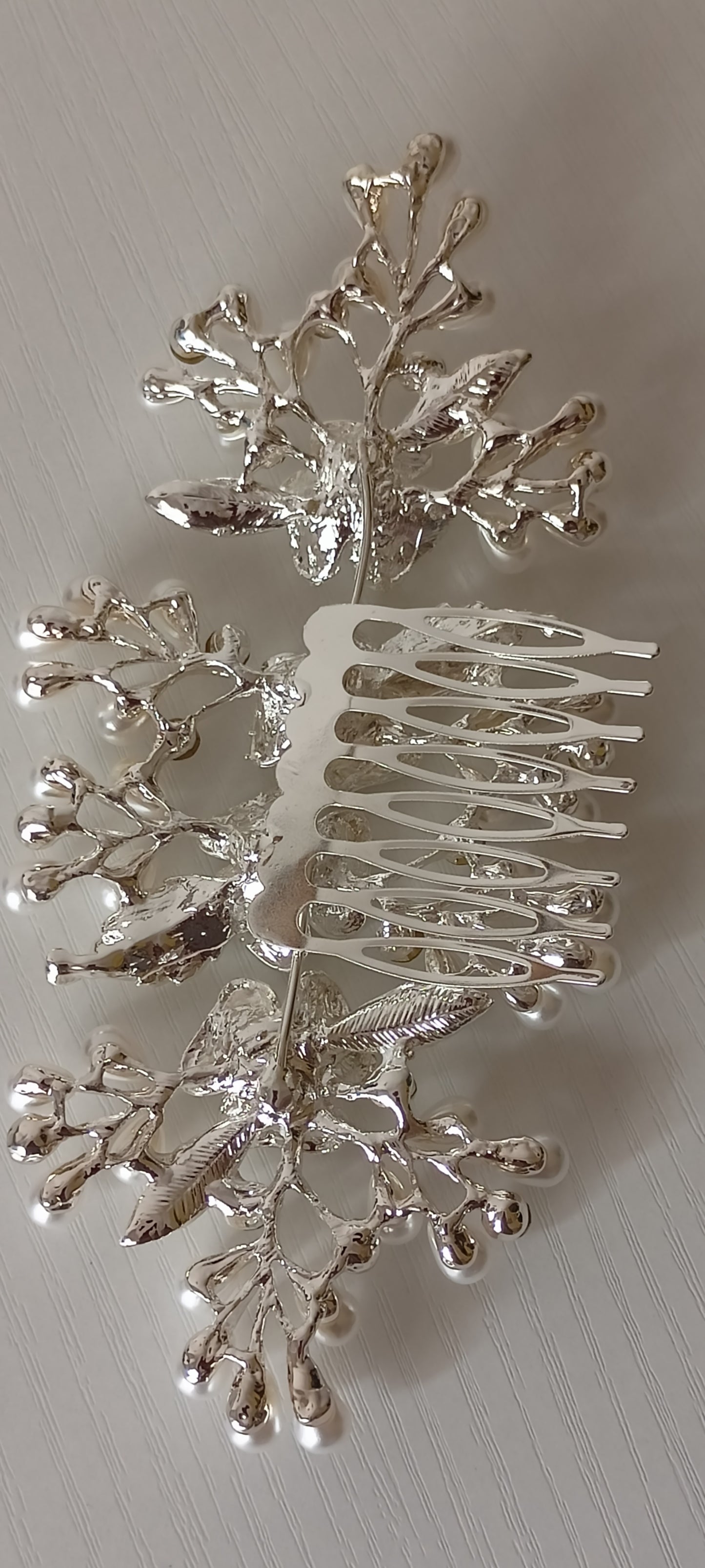 Silver Pearl Bridal Hair Comb Set - Floral & Leaf Design with Crystals