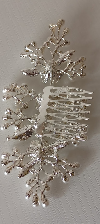 Silver Pearl Bridal Hair Comb Set - Floral & Leaf Design with Crystals
