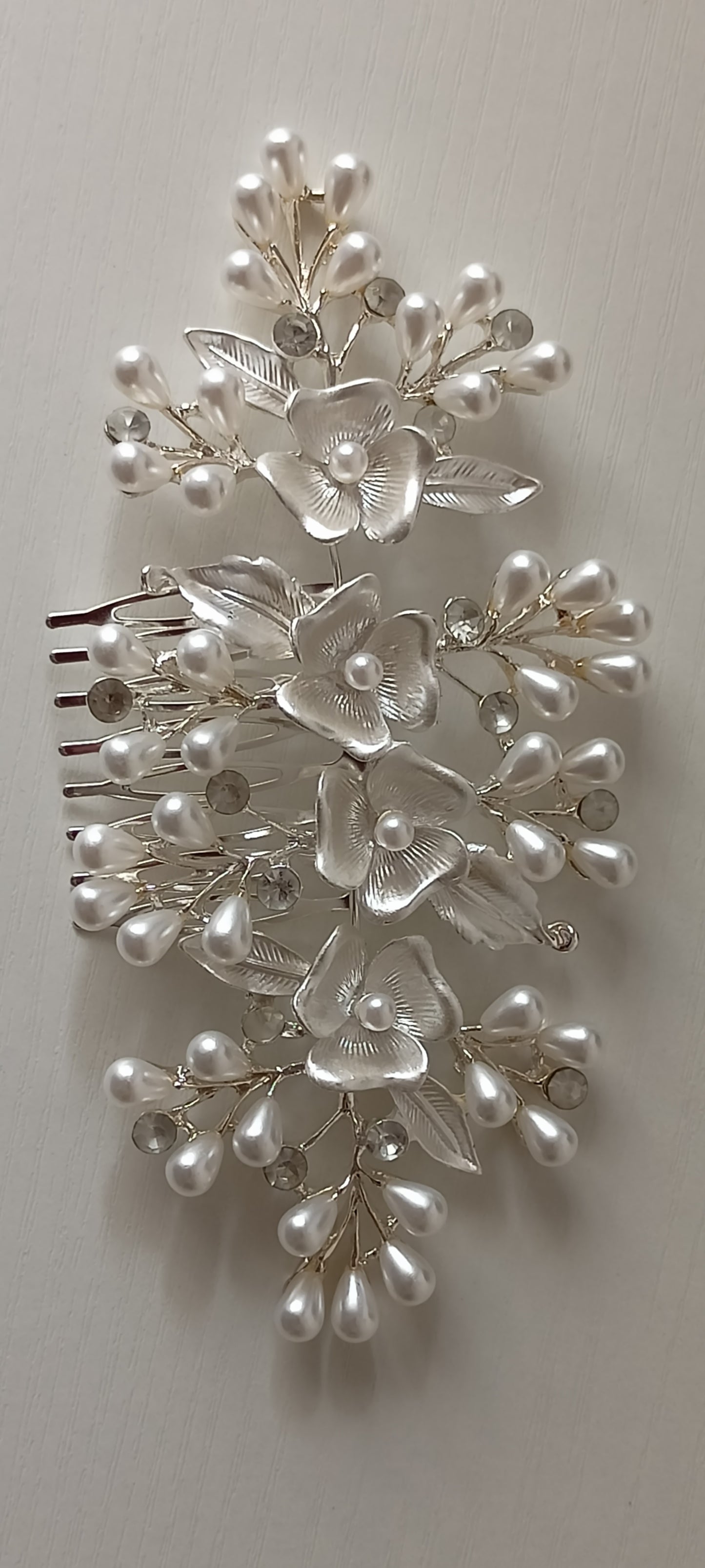 Silver Pearl Bridal Hair Comb Set - Floral & Leaf Design with Crystals