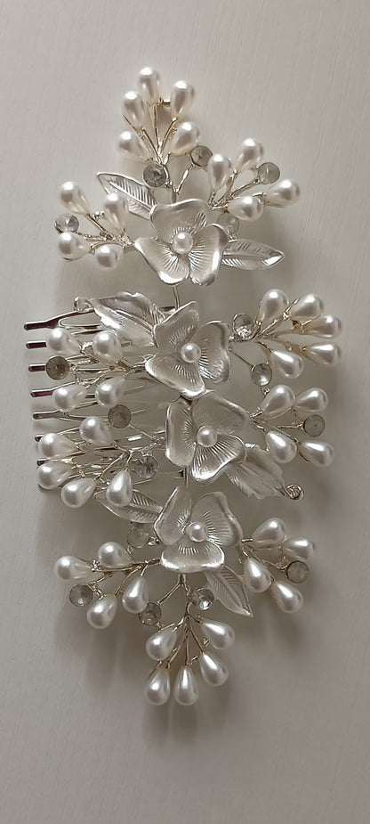 Silver Pearl Bridal Hair Comb Set - Floral & Leaf Design with Crystals