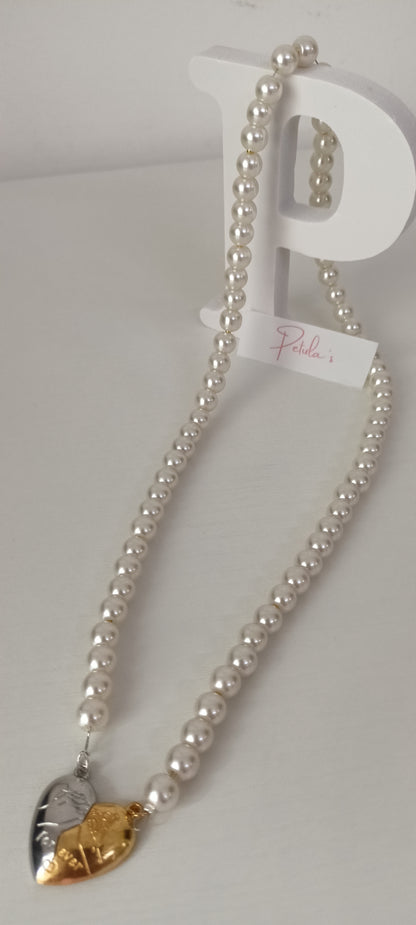 Gold & Silver Detachable Heart Pearl Necklace