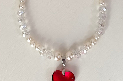 Elegant Pearl & Crystal Heart Necklace – Red Charm Pendant