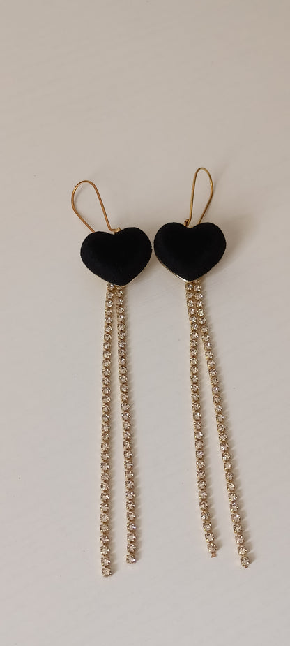 Black Velvet Heart & Crystal Tassel Long Drop Earrings – Gold-Tone