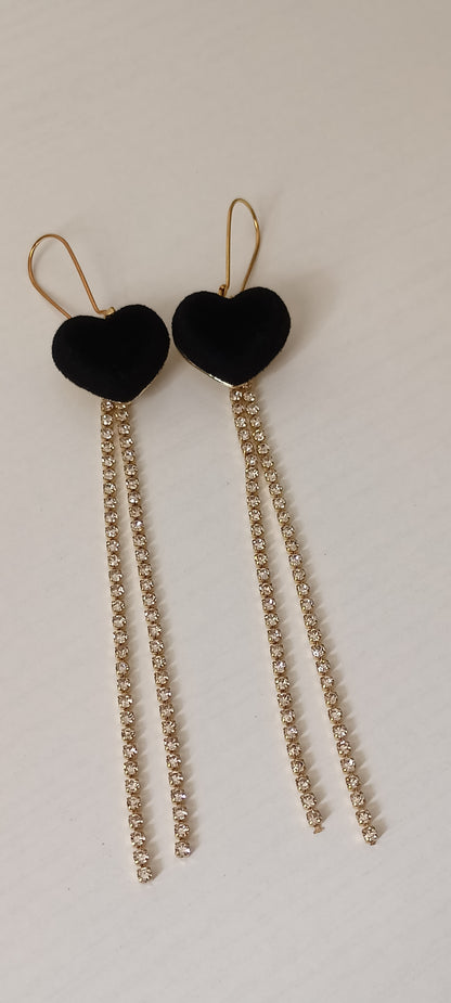 Black Velvet Heart & Crystal Tassel Long Drop Earrings – Gold-Tone