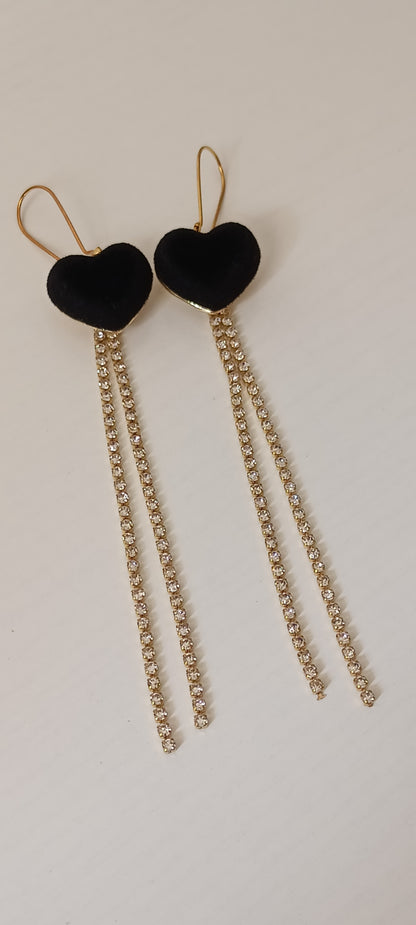 Black Velvet Heart & Crystal Tassel Long Drop Earrings – Gold-Tone